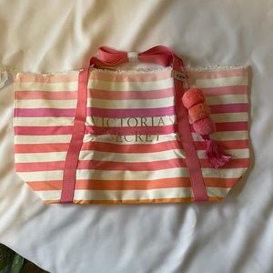 Victoria Secret: XL VS Logo Weekender Bag Pink/Wht Stripes w/dangle charm NWT